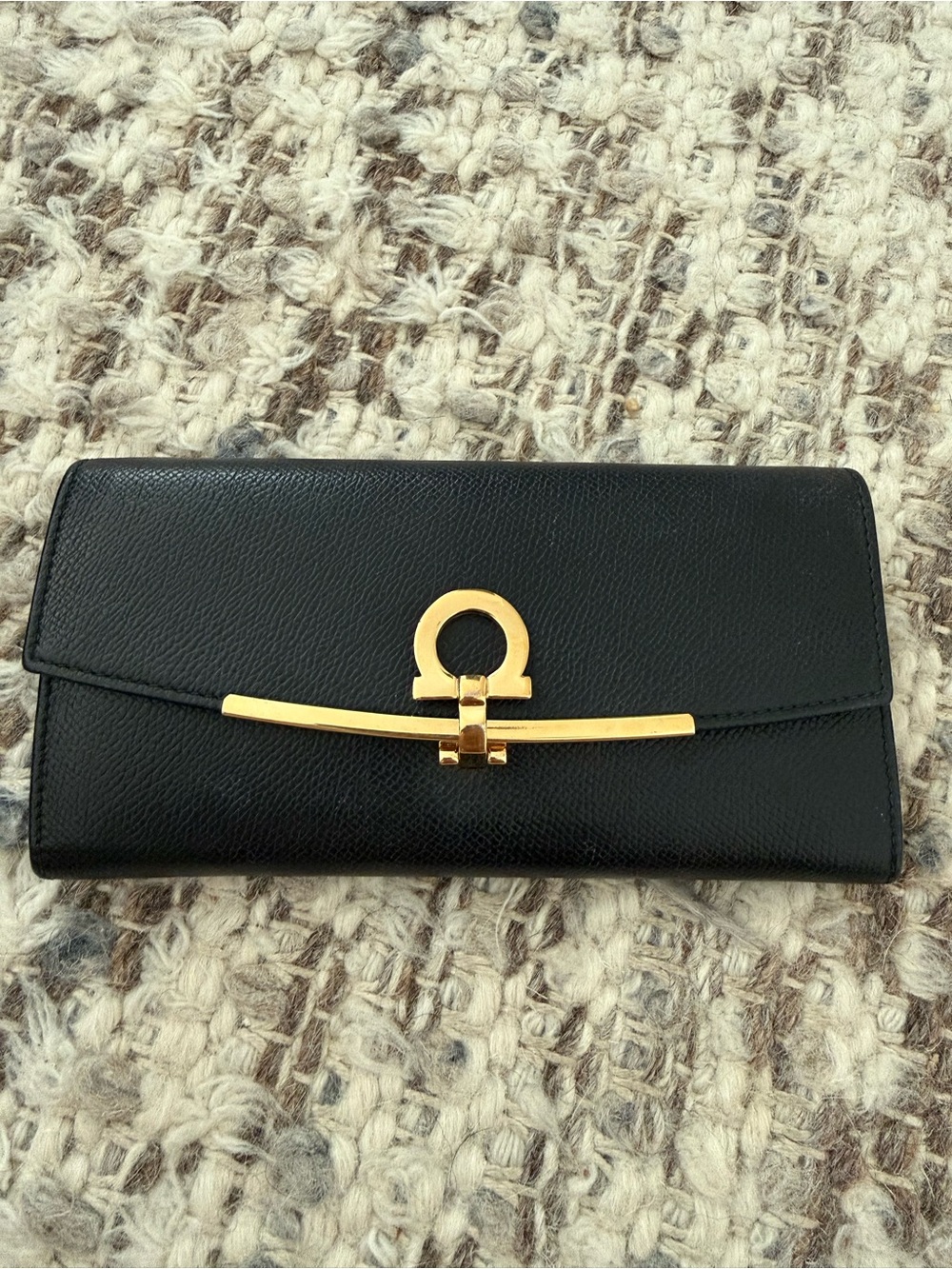 Salvatore Ferragamo Dark Blue Leather Continental Wallet with Gold Hardware
